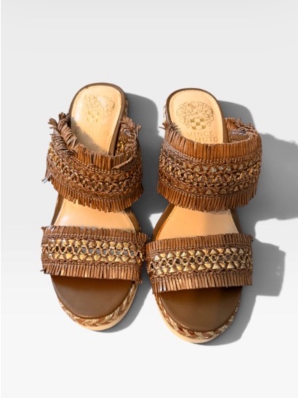 Vince Camuto Brown Woven Fringe Slide Sandals